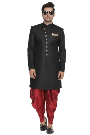 Jashvi Men's Black Jute Cotton Blend Sherwani Set