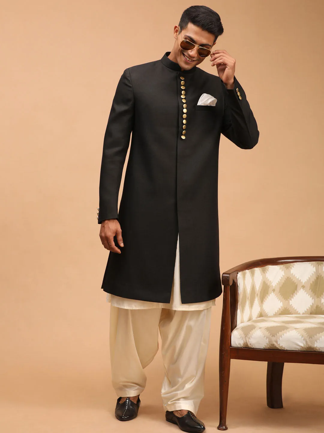 Jashvi Men's Black Sherwani Top