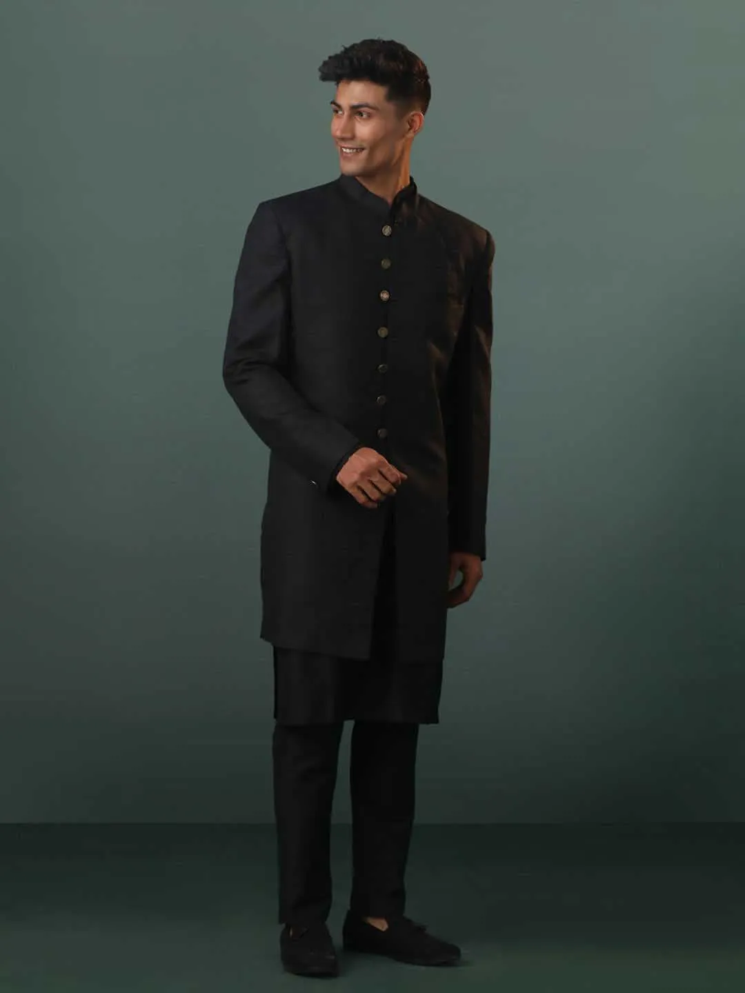 Jashvi Men's Black Sherwani With Kurta Pant Set