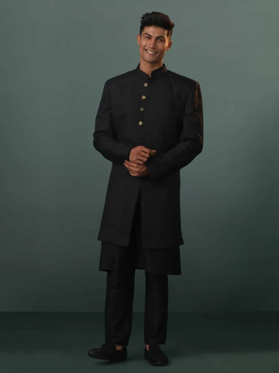 Jashvi Men's Black Sherwani With Kurta Pant Set