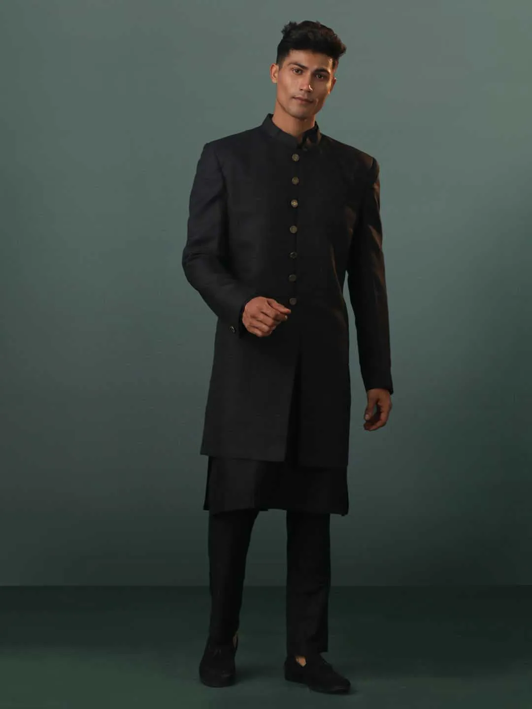 Jashvi Men's Black Sherwani With Kurta Pant Set