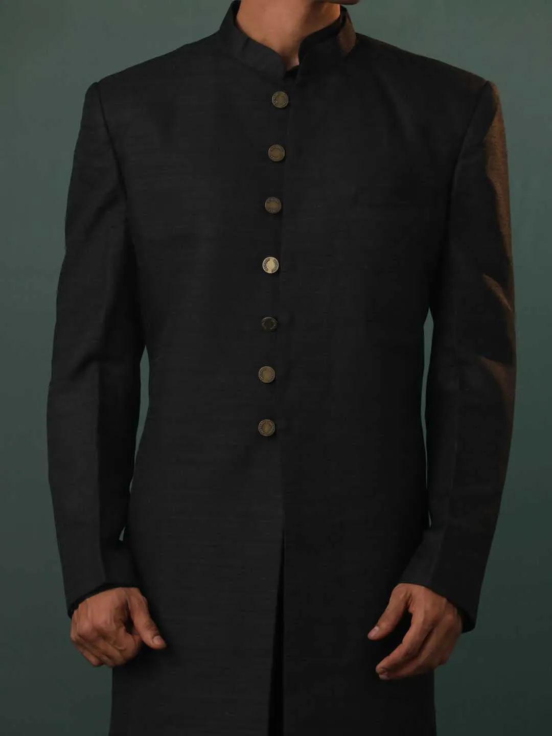 Jashvi Men's Black Sherwani With Kurta Pant Set