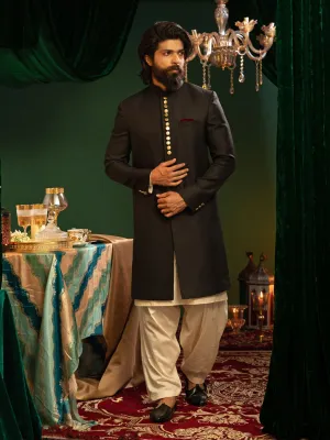 Jashvi Men's Black Sherwani With Kurta Patiala Set