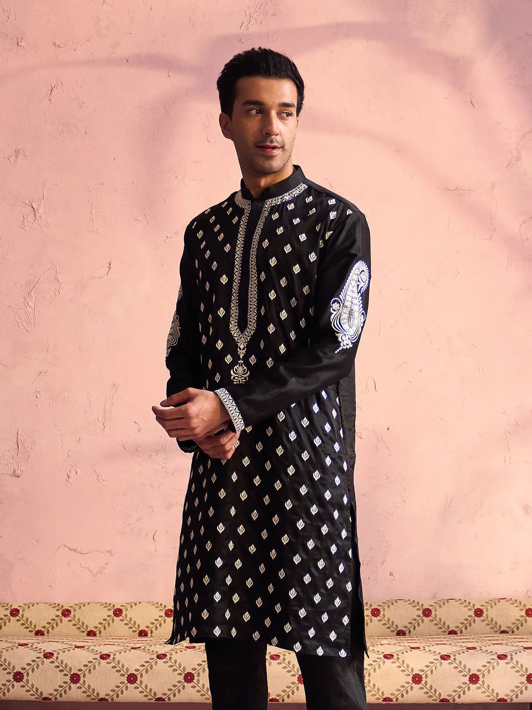 Jashvi Men's Black Silk Blend Embroidered Ethnic Kurta