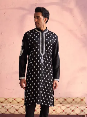 Jashvi Men's Black Silk Blend Embroidered Ethnic Kurta