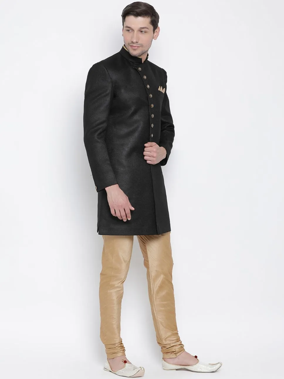 Jashvi Men's Black Silk Blend Sherwani Set