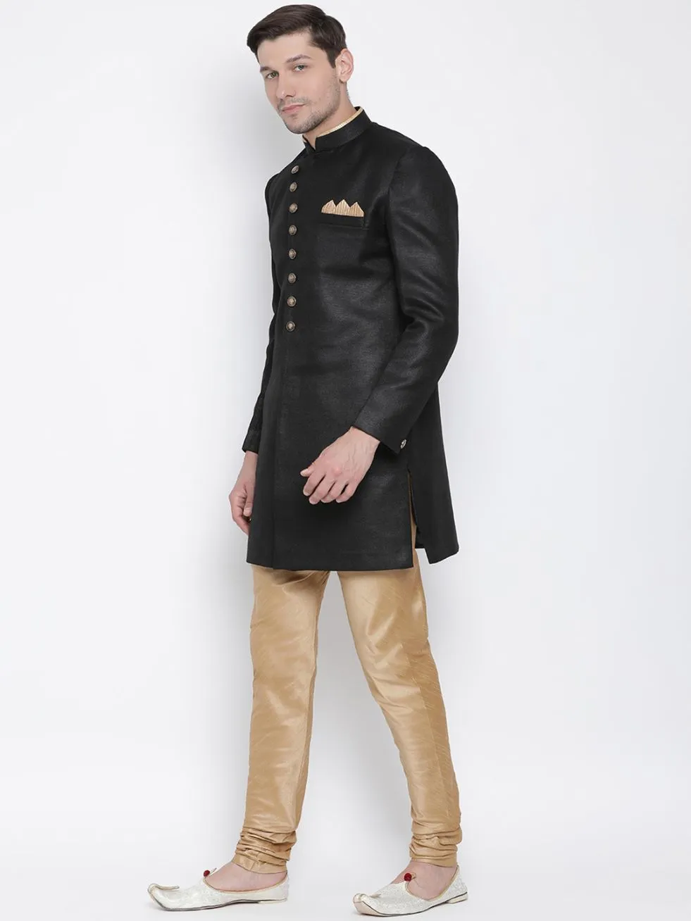 Jashvi Men's Black Silk Blend Sherwani Set