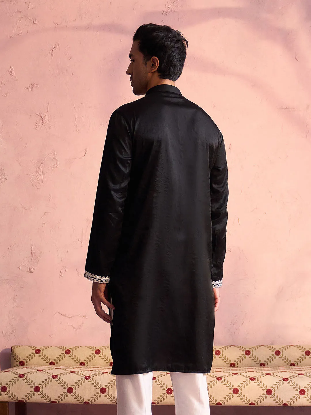 Jashvi Men's Black Silk Machine Embroidered Kurta