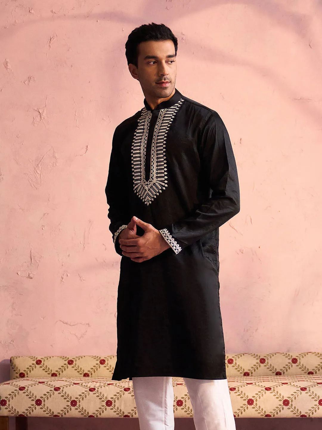 Jashvi Men's Black Silk Machine Embroidered Kurta