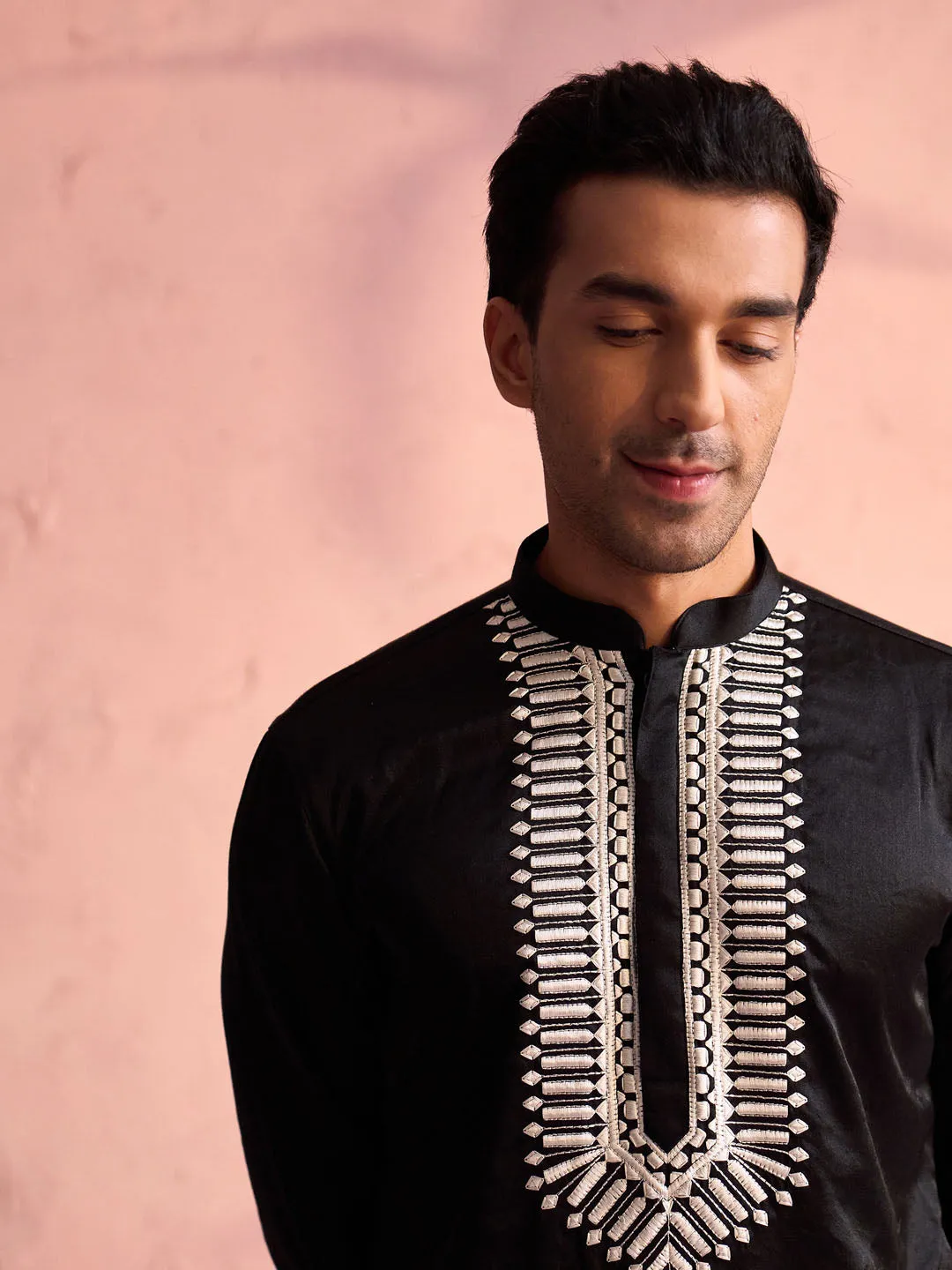 Jashvi Men's Black Silk Machine Embroidered Kurta