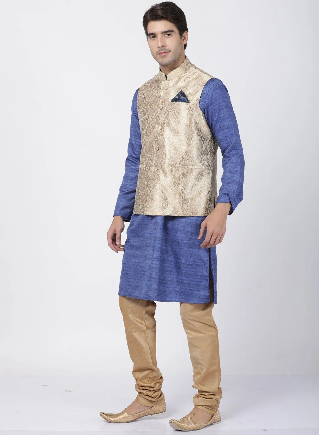 Jashvi Men's Blue Cotton Silk Blend Kurta, Nehru Jacket and Pyjama Set