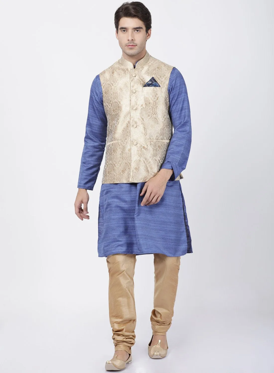 Jashvi Men's Blue Cotton Silk Blend Kurta, Nehru Jacket and Pyjama Set