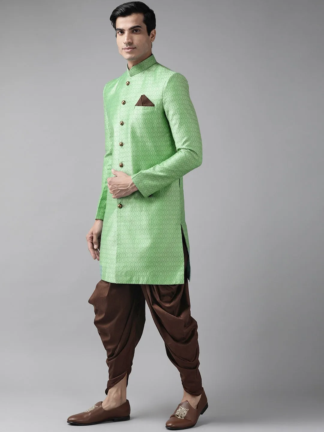 Jashvi  Men's Green And Coffee Silk Blend Sherwani Set