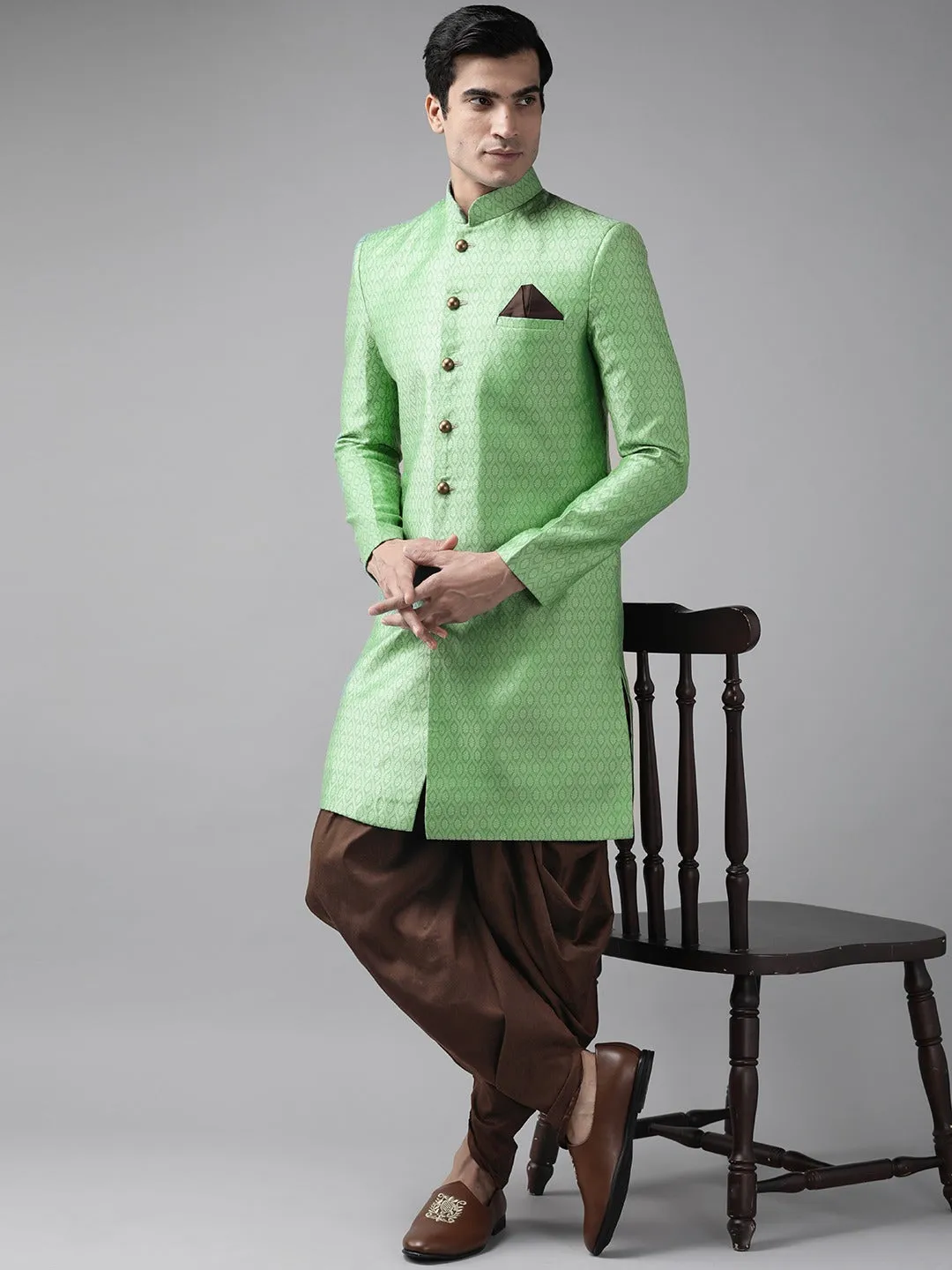 Jashvi  Men's Green And Coffee Silk Blend Sherwani Set