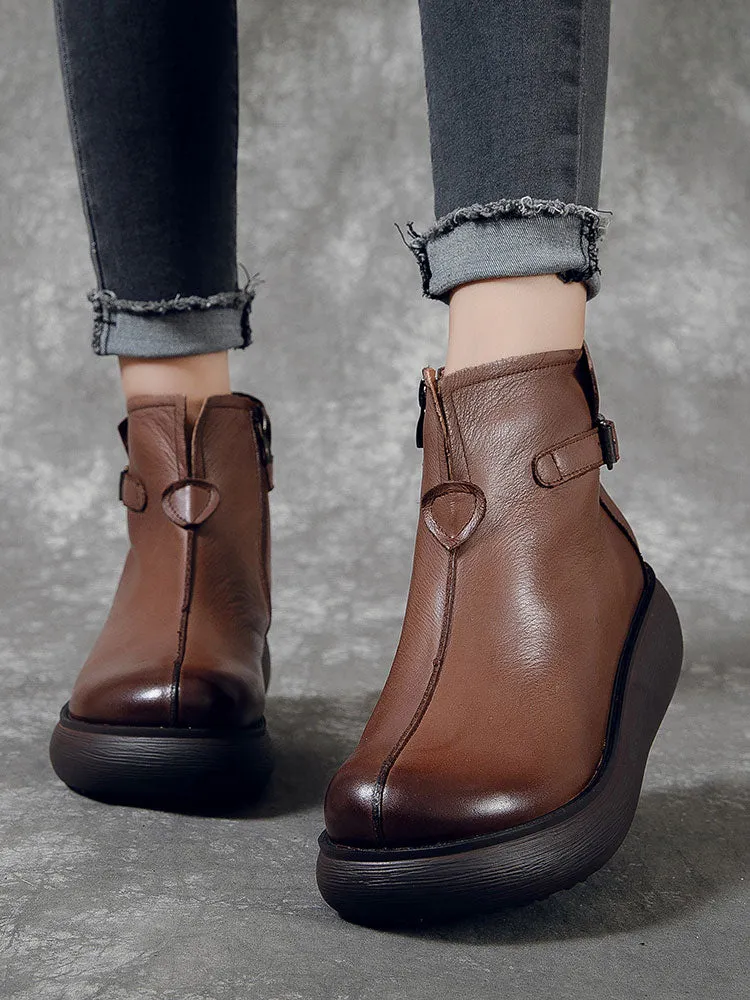 Leather Wedge Heel Waterproof Women Retro Boots