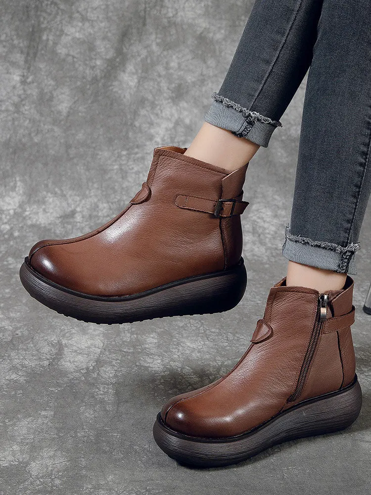 Leather Wedge Heel Waterproof Women Retro Boots