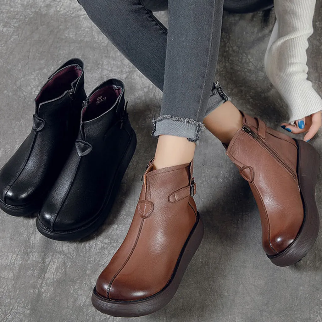 Leather Wedge Heel Waterproof Women Retro Boots