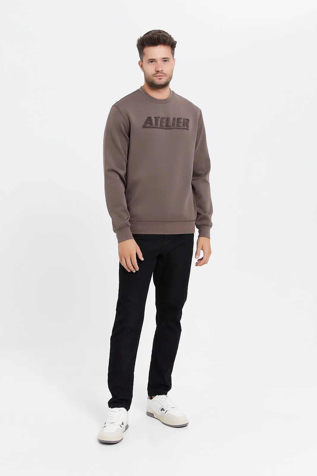 Men Beige Sweatshirt With Flock Applique