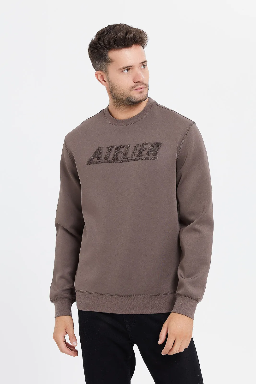 Men Beige Sweatshirt With Flock Applique