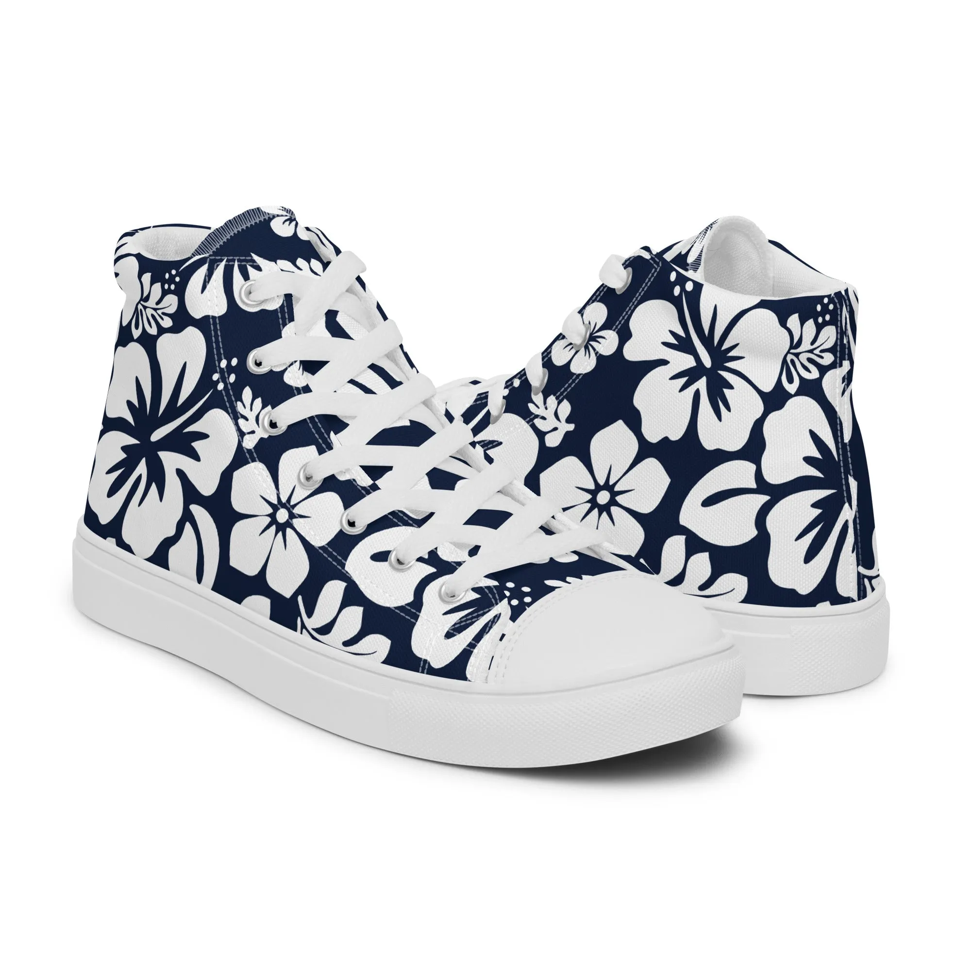 Men’s Navy Blue and White Hawaiian Print High Top Shoes