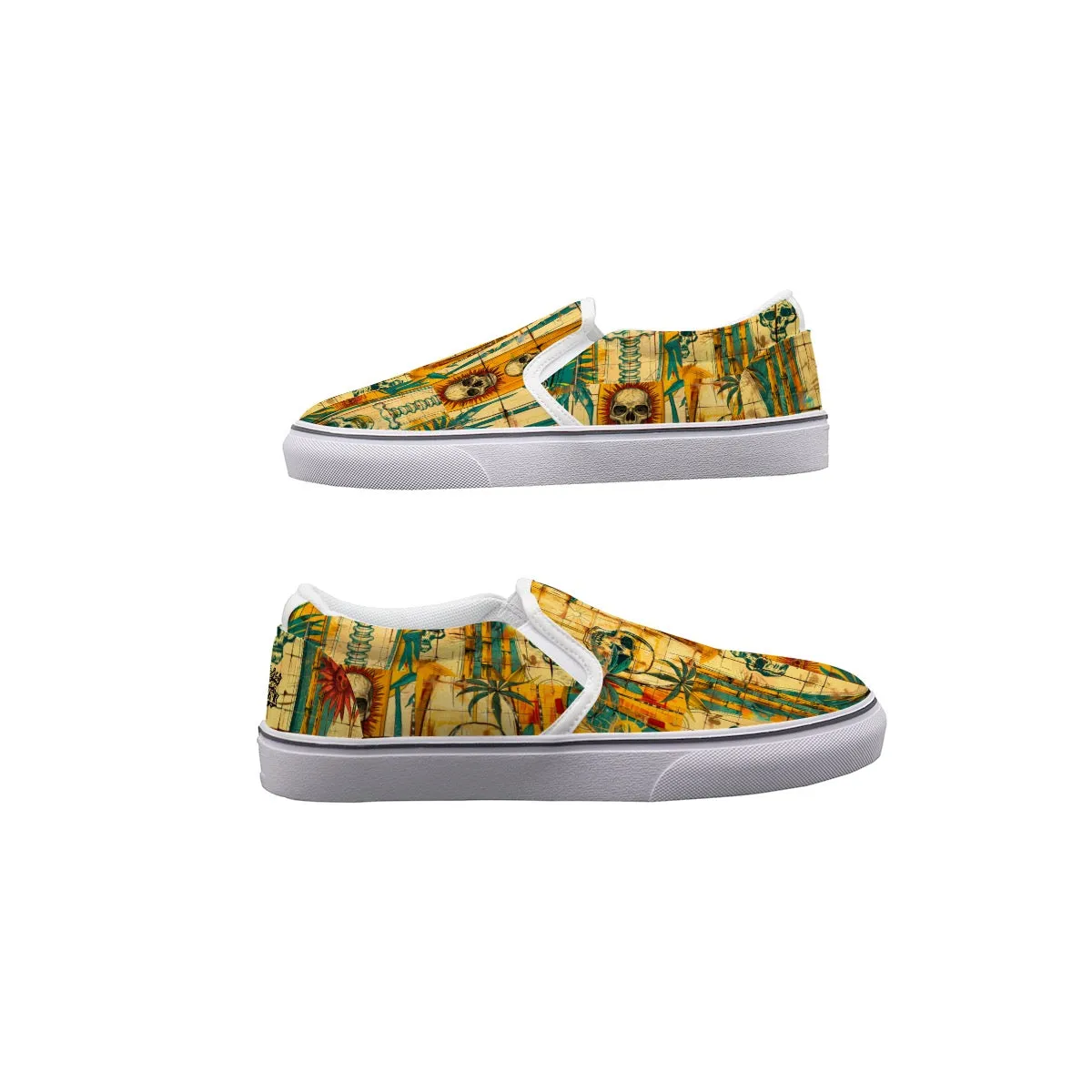 Men's Slip On Sneakers surfboard/skulls print