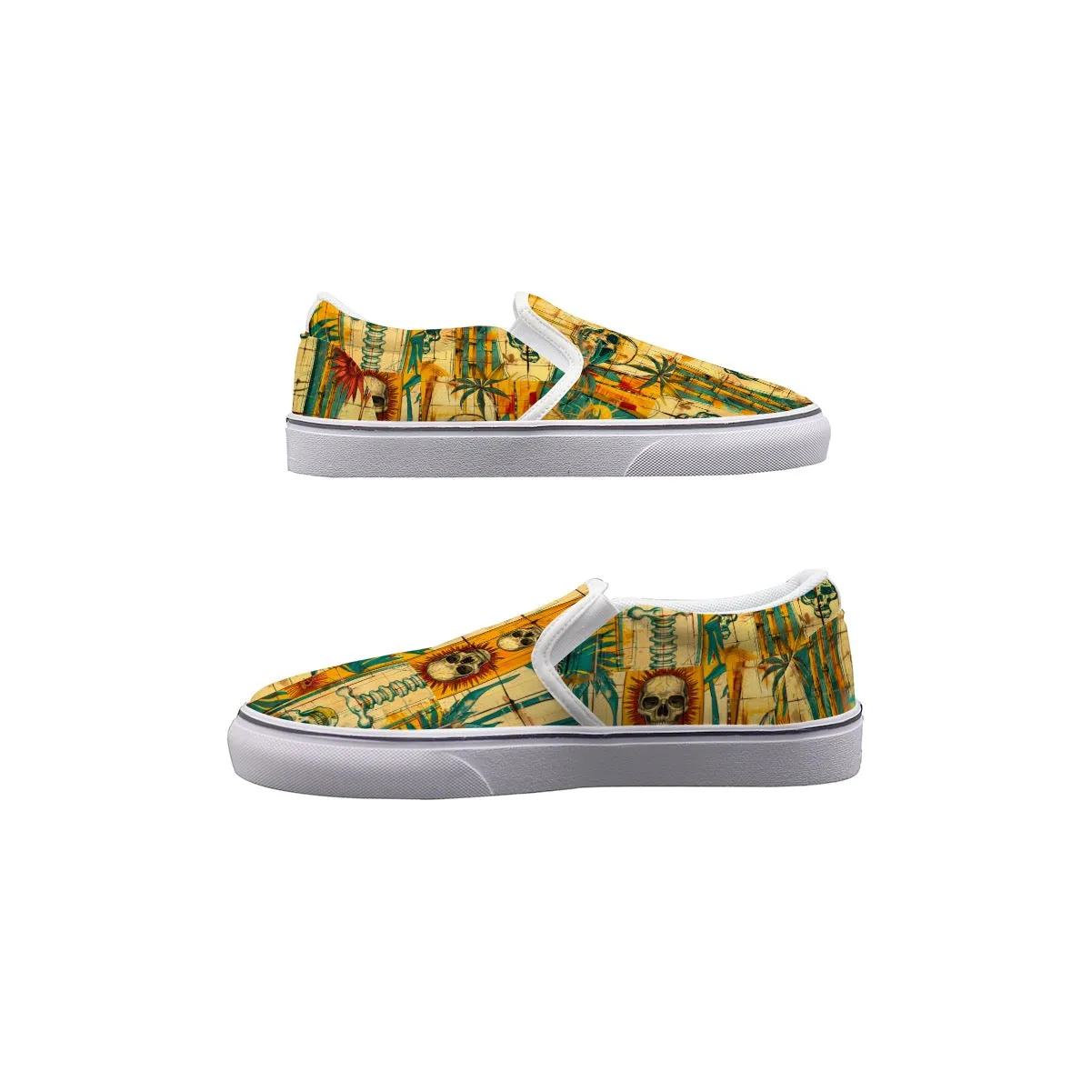 Men's Slip On Sneakers surfboard/skulls print