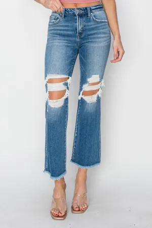 Mid Rise Distressed Cropped Flare Jeans