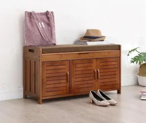 Natural Bamboo Wood 3 Door Shoe Rack Cabinet with Seat