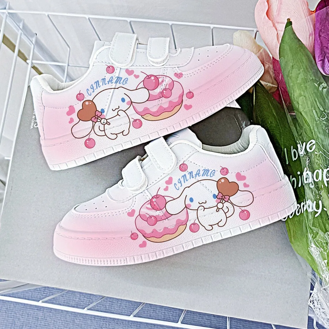 Pink Kawaii Dog Student Sneakers Kids Size with Velcro Fastener