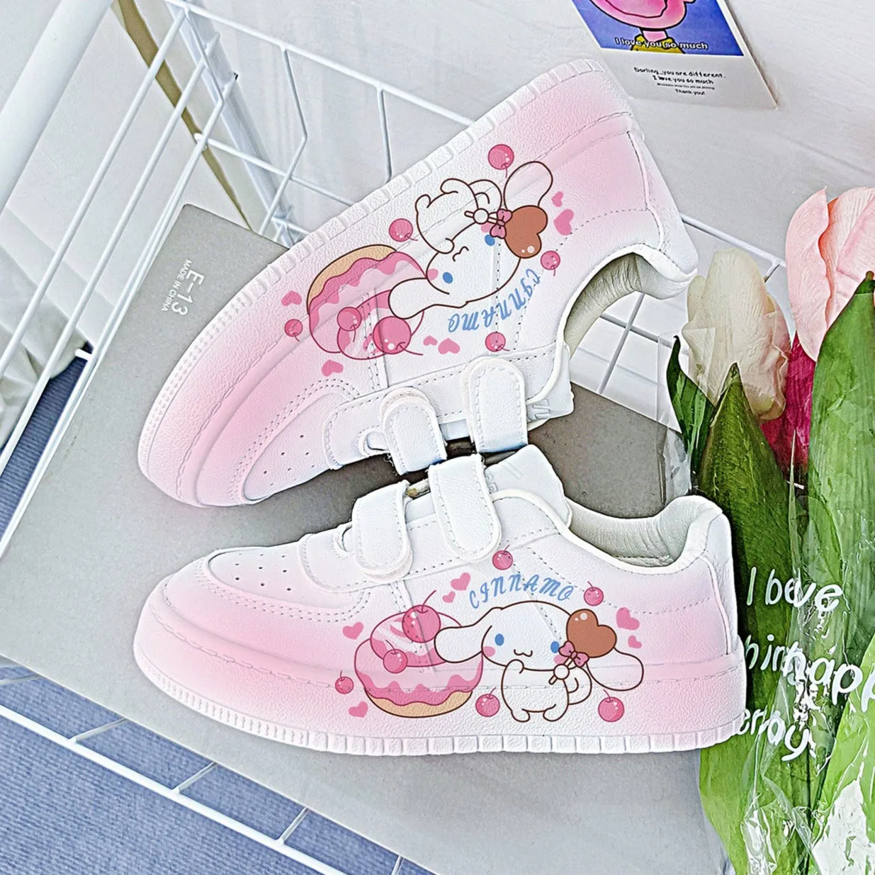 Pink Kawaii Dog Student Sneakers Kids Size with Velcro Fastener