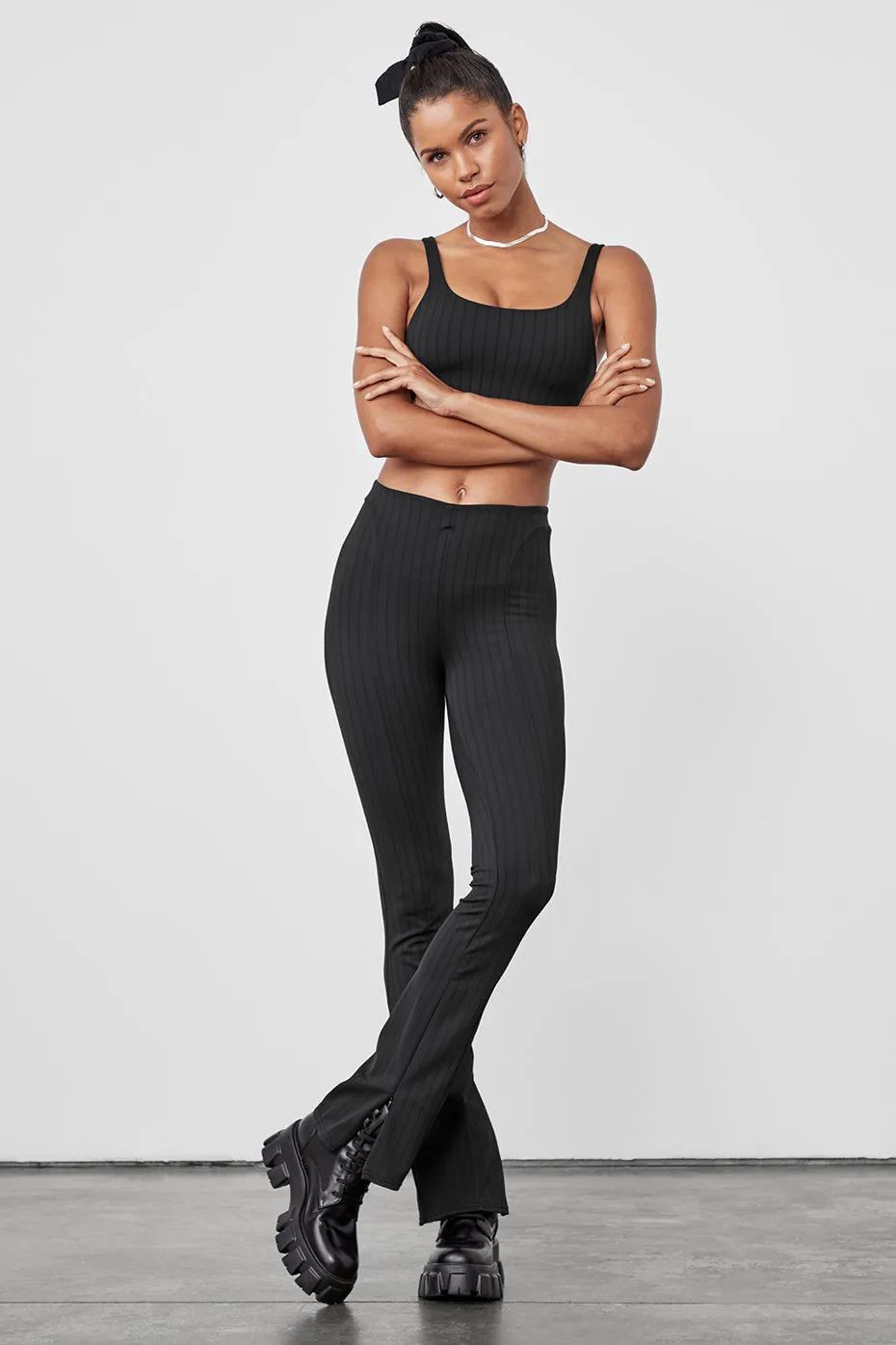 Pinstripe Bra & High-Waist Pinstripe Zip It Flare Legging Set