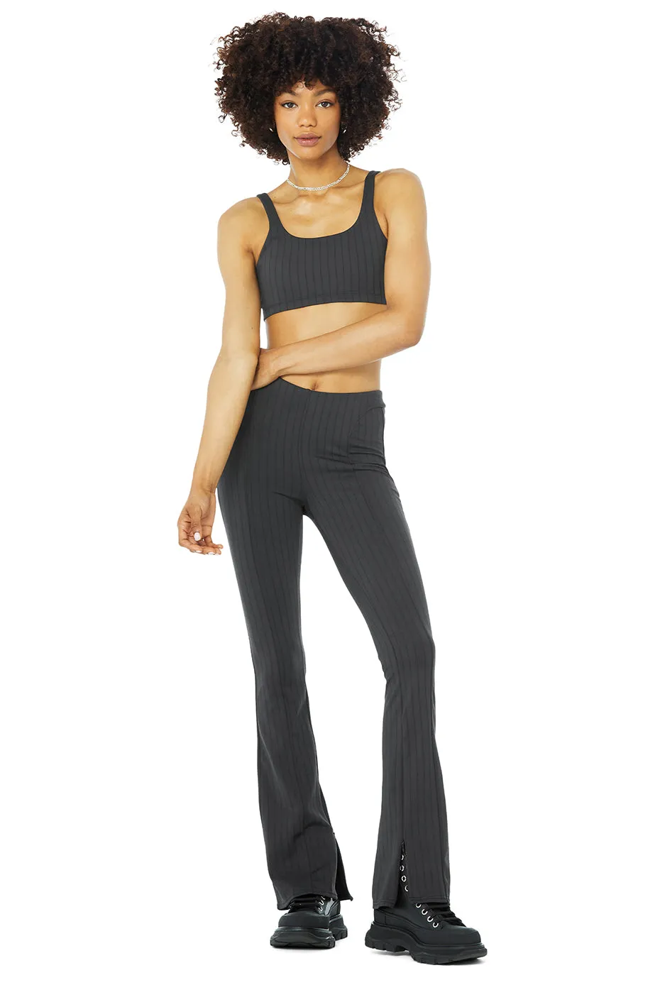 Pinstripe Bra & High-Waist Pinstripe Zip It Flare Legging Set