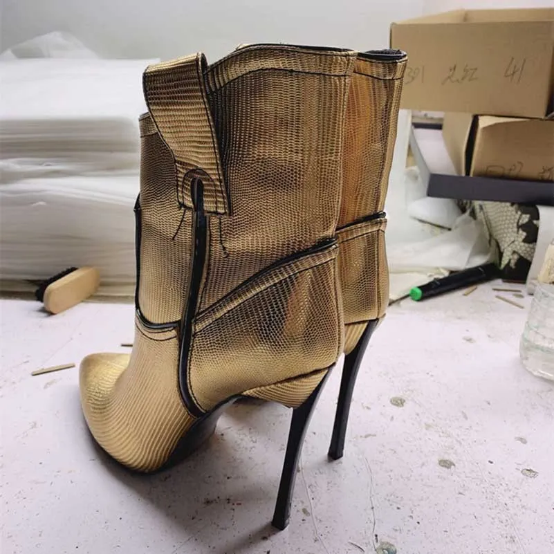 Pointed Toe Gold Stiletto Ankle Boots