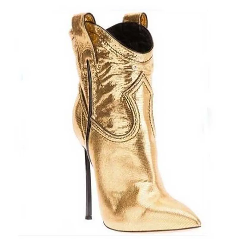 Pointed Toe Gold Stiletto Ankle Boots