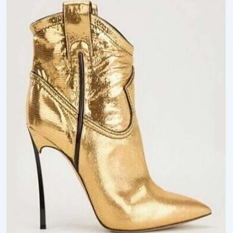 Pointed Toe Gold Stiletto Ankle Boots