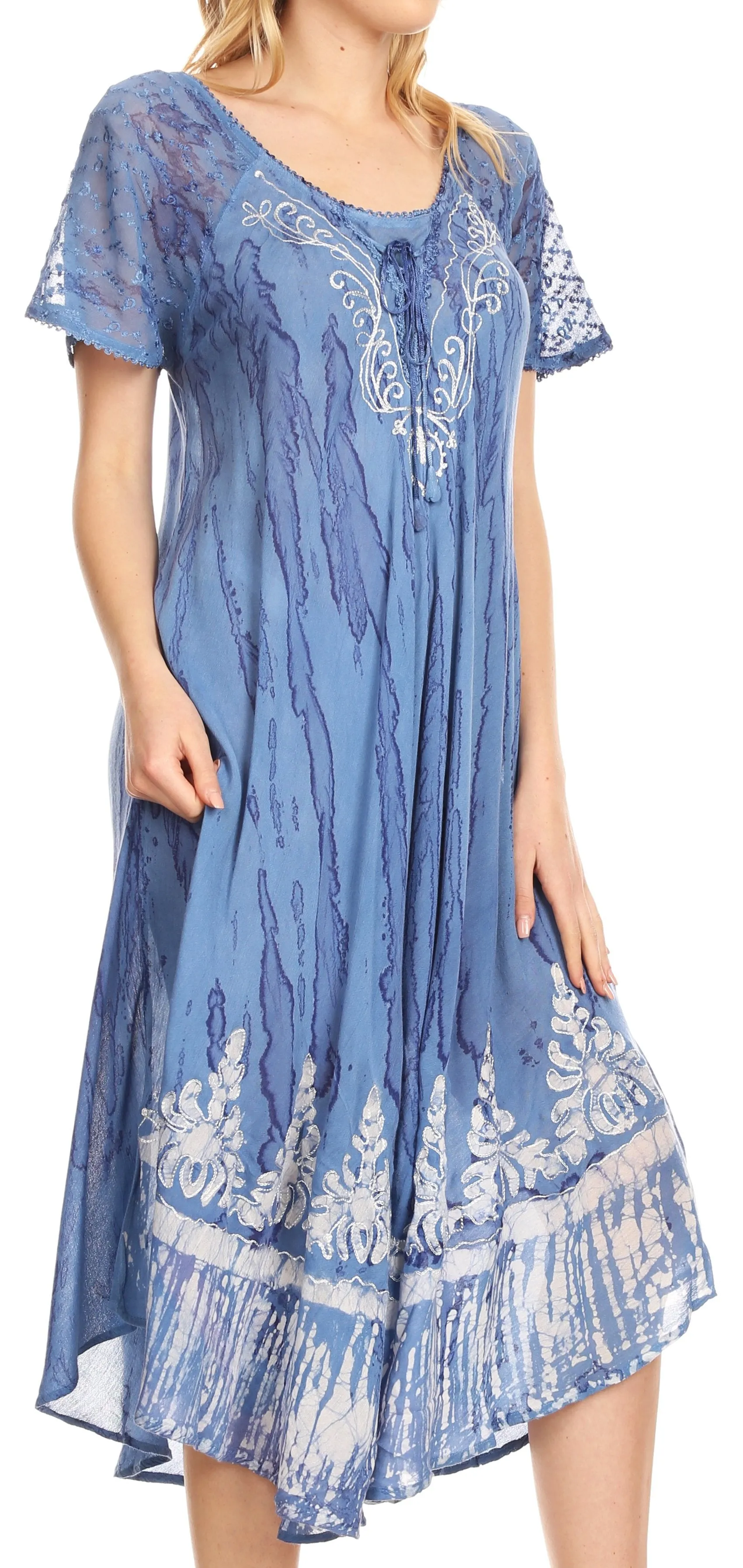 Sakkas Ronny Lace Embroidered Cap Sleeve Tie Dye Wash Caftan Dress / Cover Up