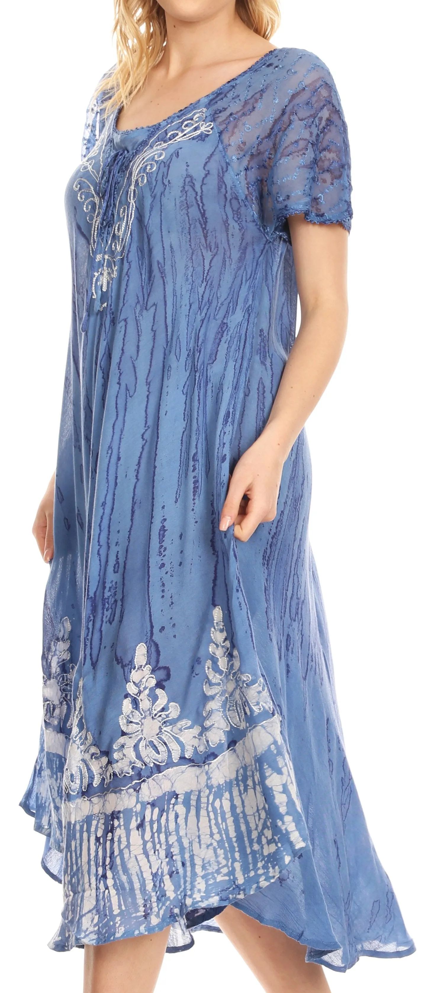 Sakkas Ronny Lace Embroidered Cap Sleeve Tie Dye Wash Caftan Dress / Cover Up