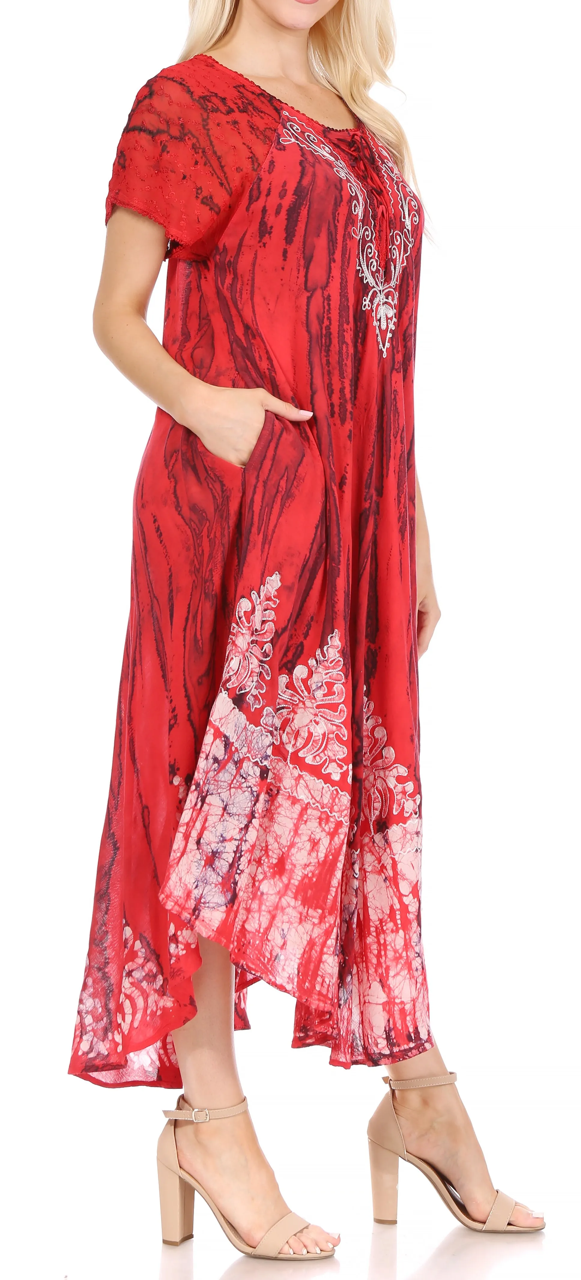 Sakkas Ronny Lace Embroidered Cap Sleeve Tie Dye Wash Caftan Dress / Cover Up