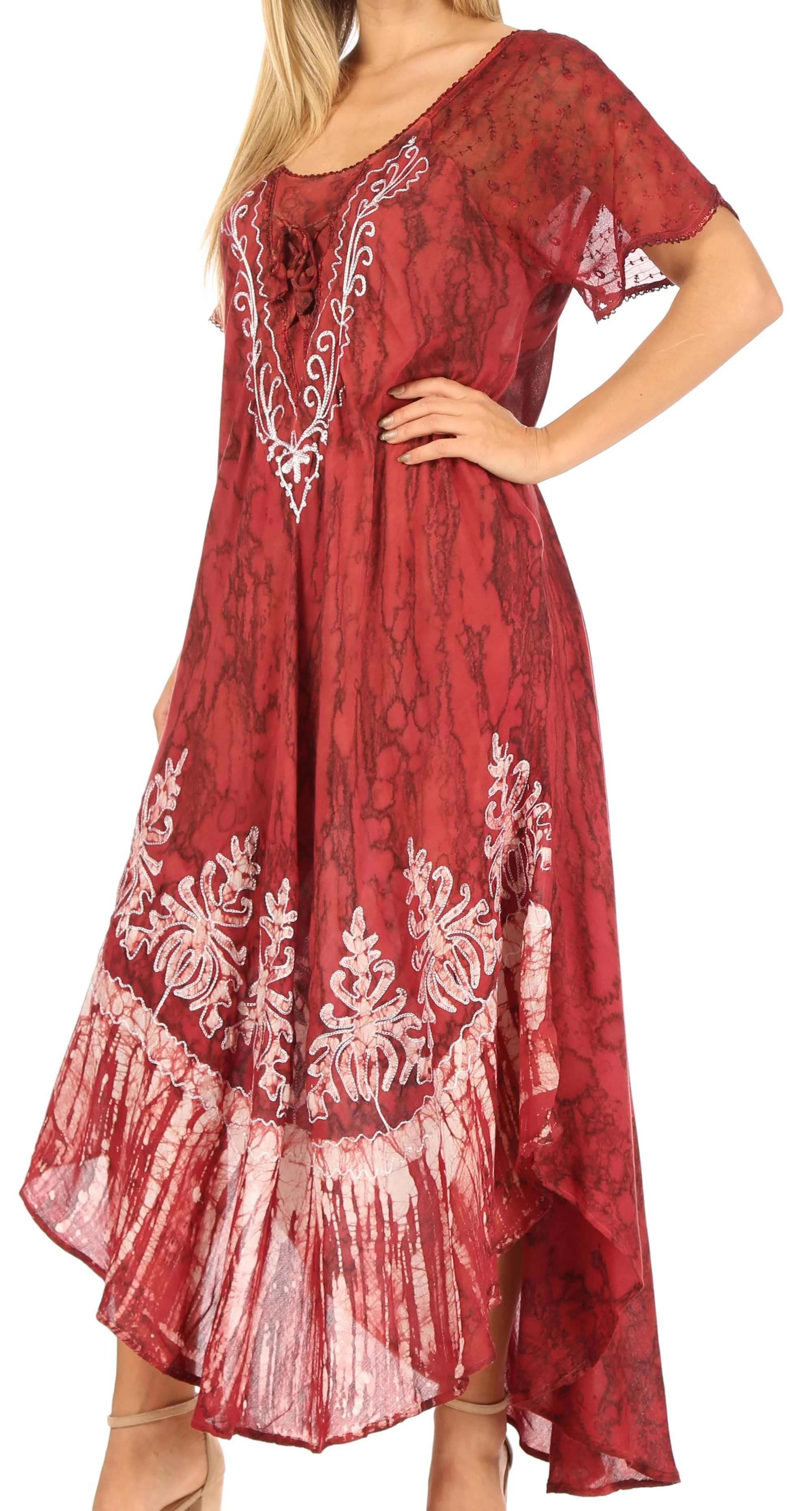 Sakkas Ronny Lace Embroidered Cap Sleeve Tie Dye Wash Caftan Dress / Cover Up