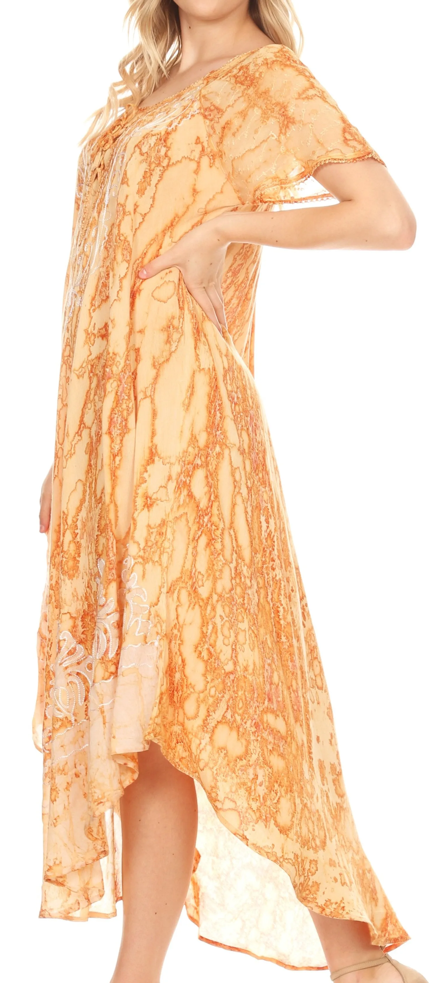 Sakkas Ronny Lace Embroidered Cap Sleeve Tie Dye Wash Caftan Dress / Cover Up