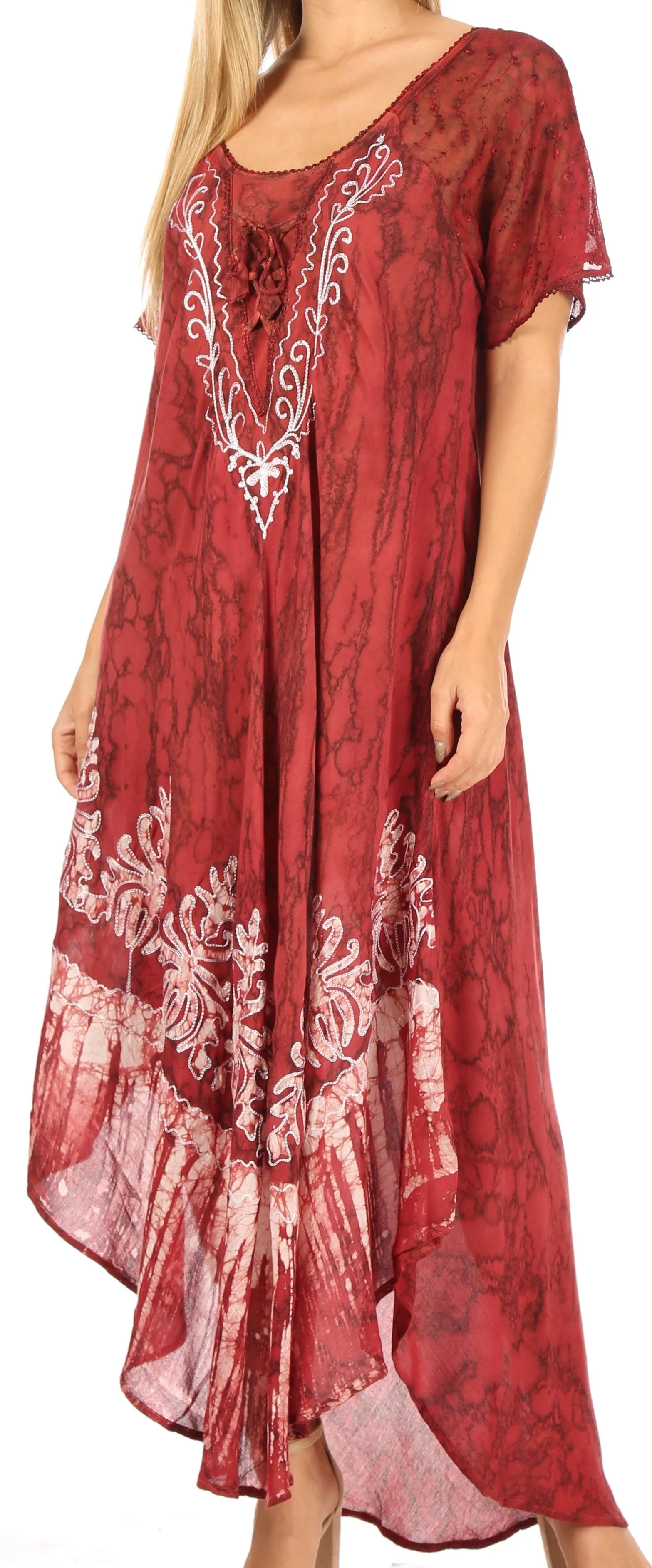 Sakkas Ronny Lace Embroidered Cap Sleeve Tie Dye Wash Caftan Dress / Cover Up