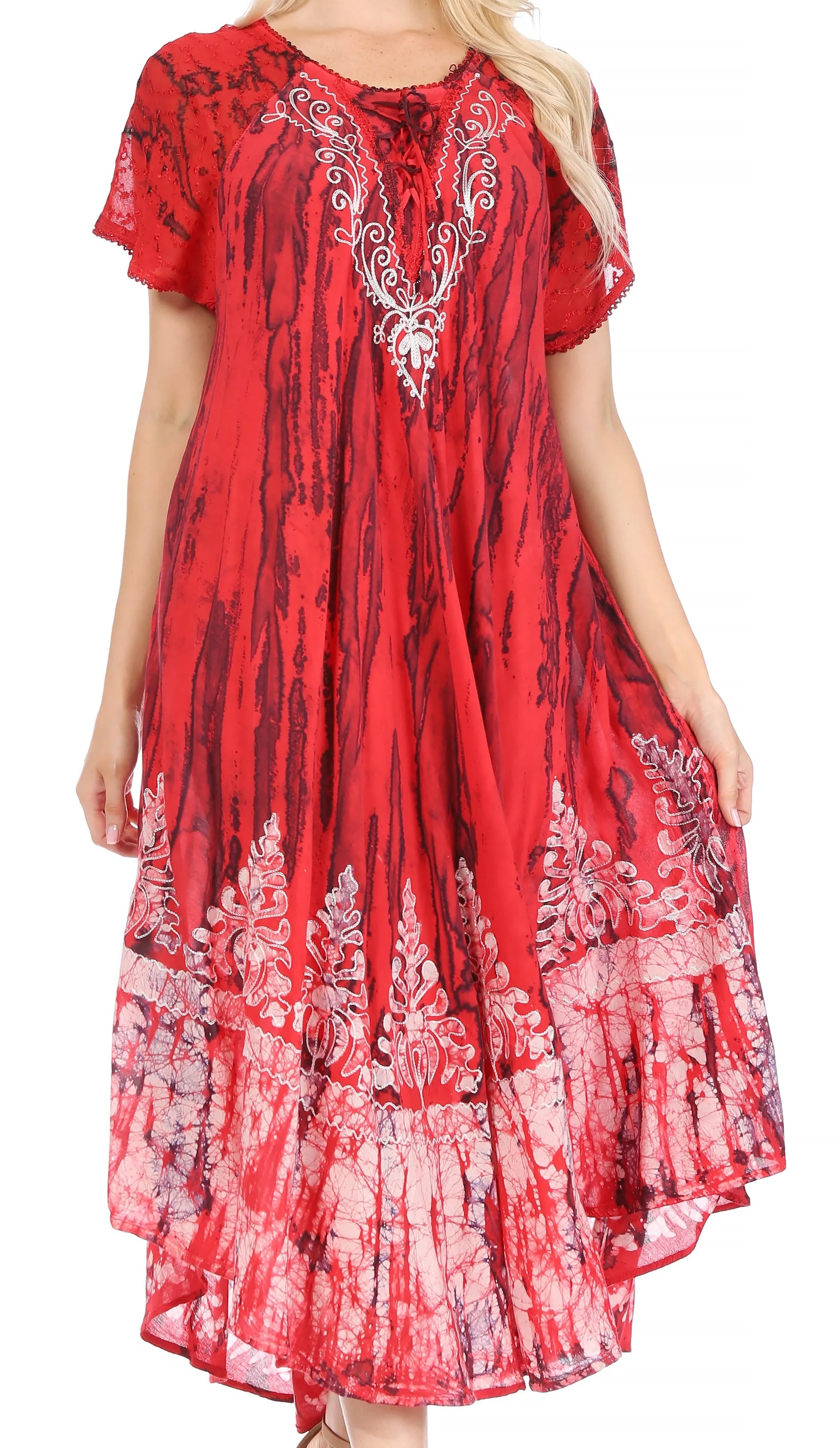 Sakkas Ronny Lace Embroidered Cap Sleeve Tie Dye Wash Caftan Dress / Cover Up