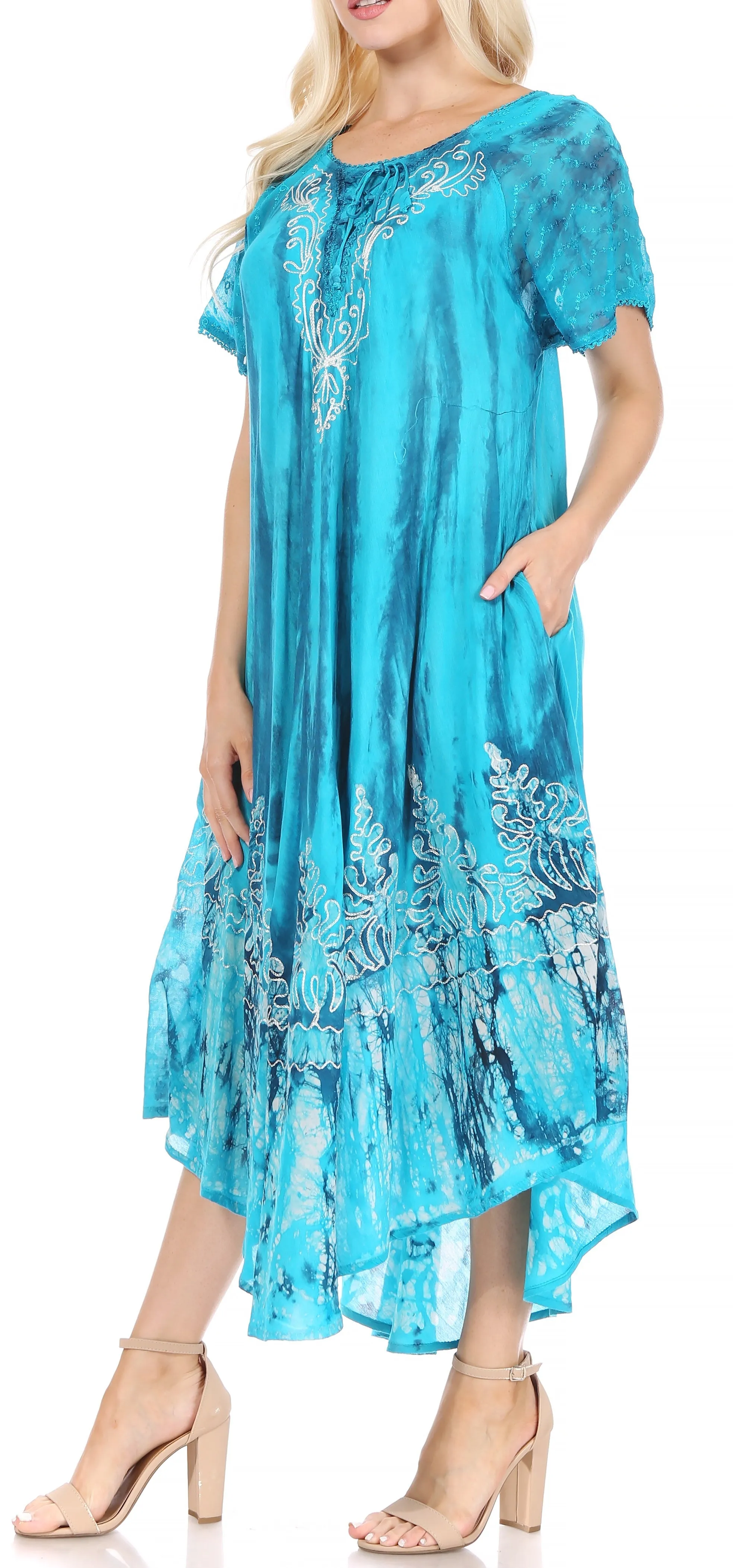 Sakkas Ronny Lace Embroidered Cap Sleeve Tie Dye Wash Caftan Dress / Cover Up