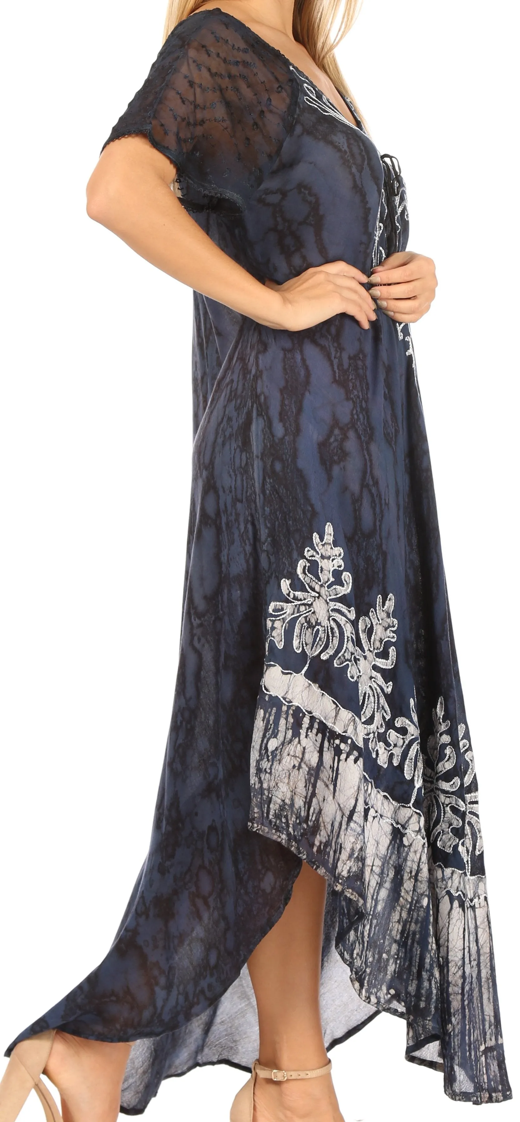 Sakkas Ronny Lace Embroidered Cap Sleeve Tie Dye Wash Caftan Dress / Cover Up