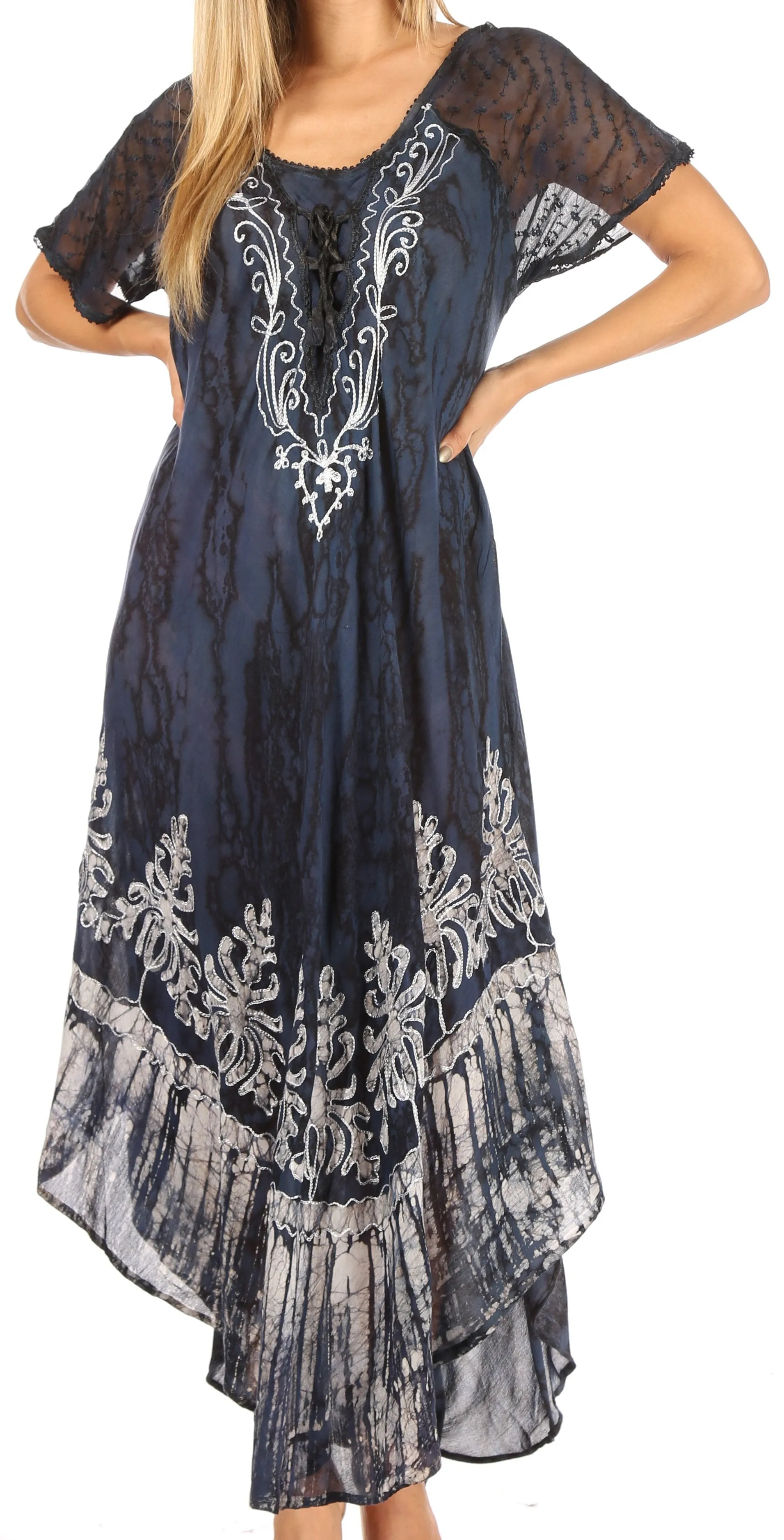 Sakkas Ronny Lace Embroidered Cap Sleeve Tie Dye Wash Caftan Dress / Cover Up