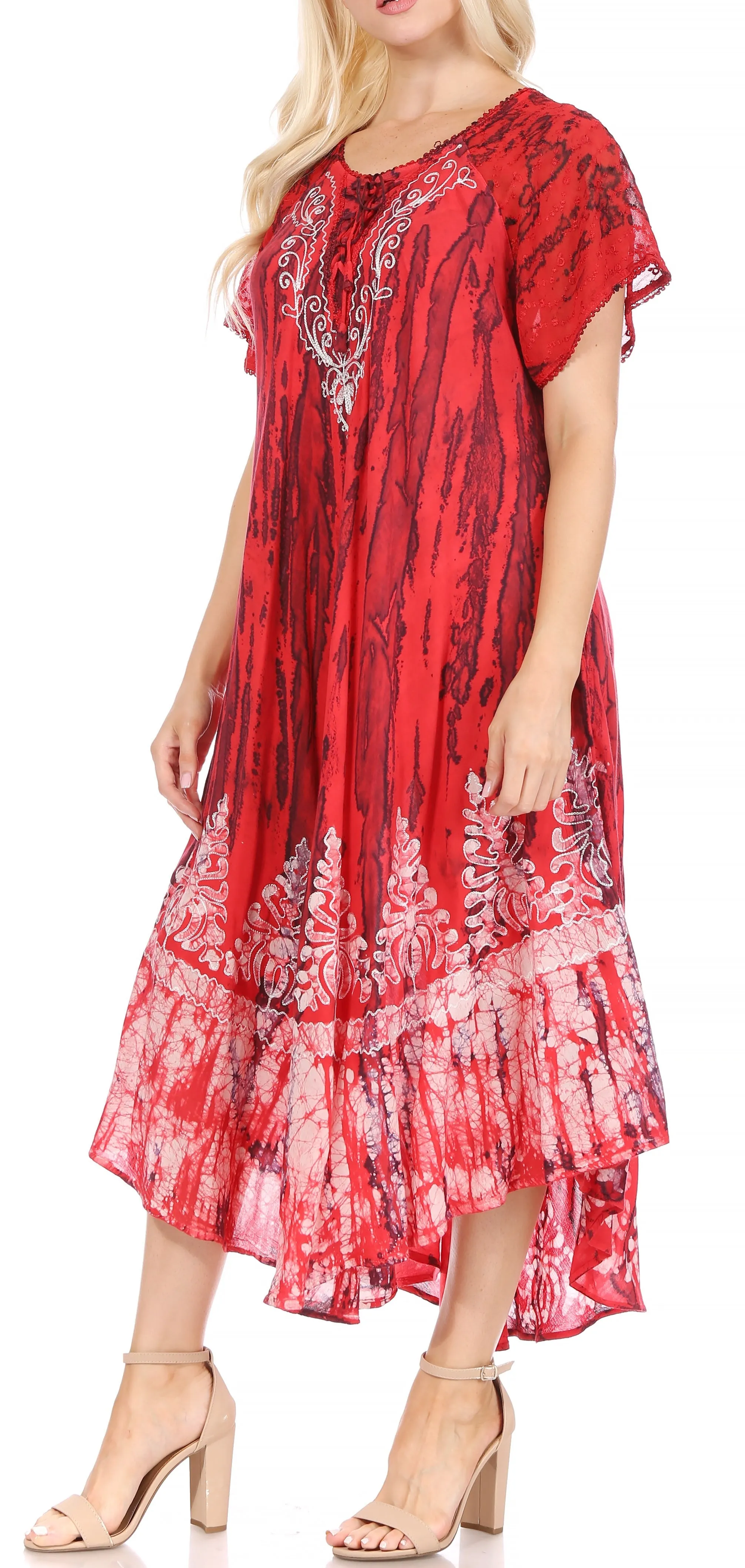 Sakkas Ronny Lace Embroidered Cap Sleeve Tie Dye Wash Caftan Dress / Cover Up