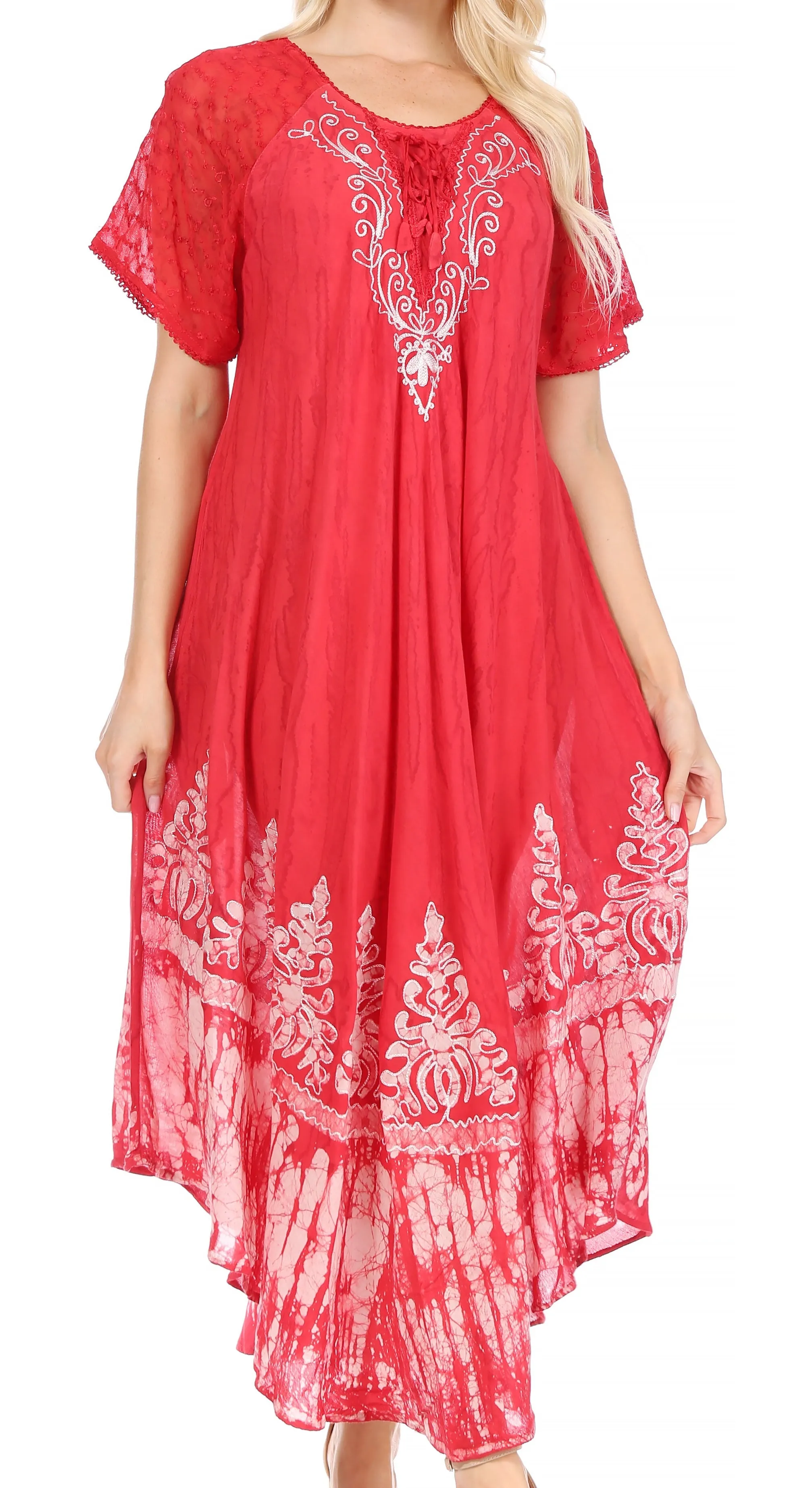 Sakkas Ronny Lace Embroidered Cap Sleeve Tie Dye Wash Caftan Dress / Cover Up