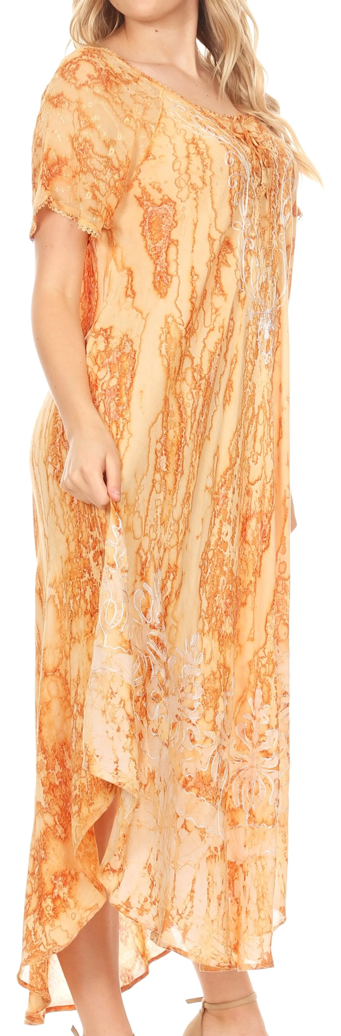 Sakkas Ronny Lace Embroidered Cap Sleeve Tie Dye Wash Caftan Dress / Cover Up