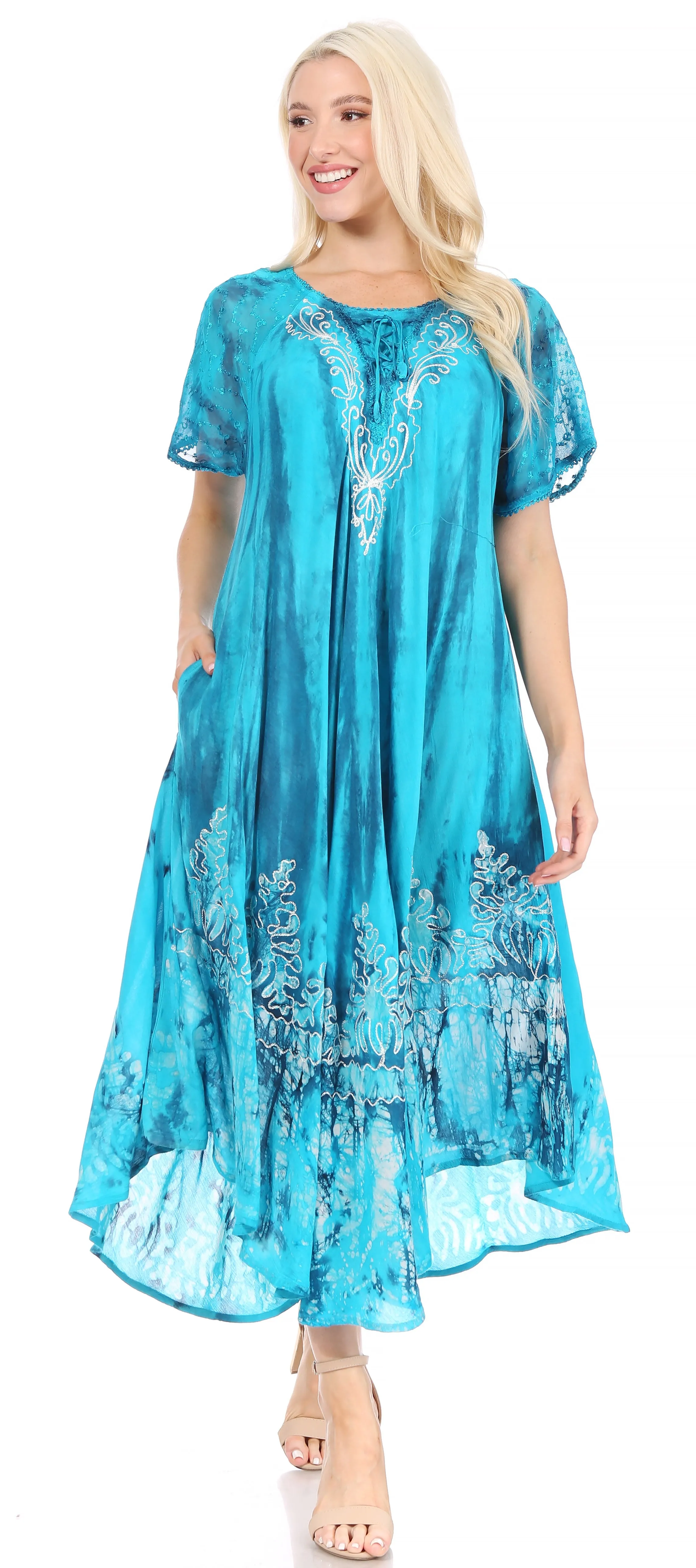 Sakkas Ronny Lace Embroidered Cap Sleeve Tie Dye Wash Caftan Dress / Cover Up