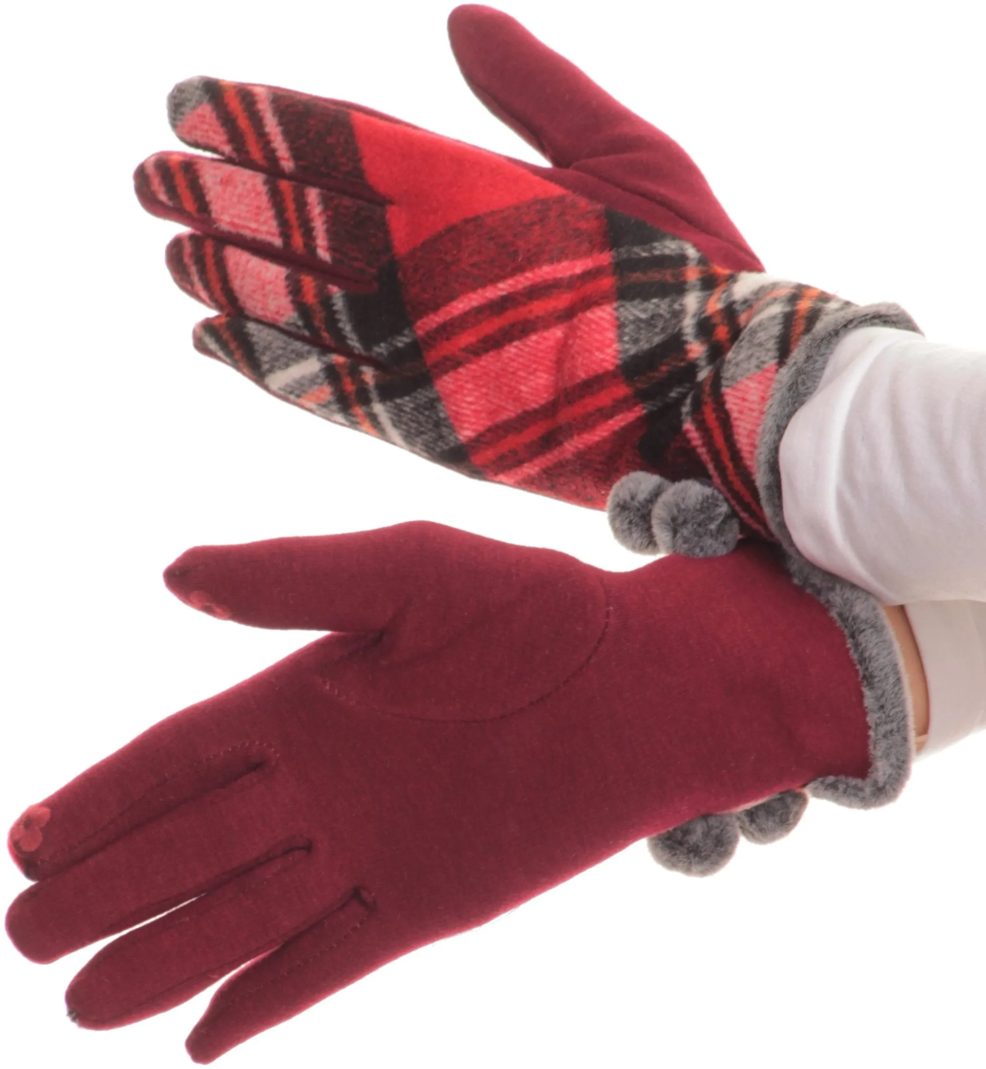 Sakkas Valy Classic Winter Checker Patterned Faux Fur Pom Pom Touch Screen Gloves